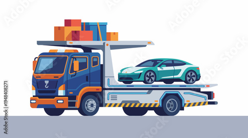 A stylized tow truck carrying a car, showcasing the importance of vehicle transport and mobility solutions in urban settings and modern logistics operations.