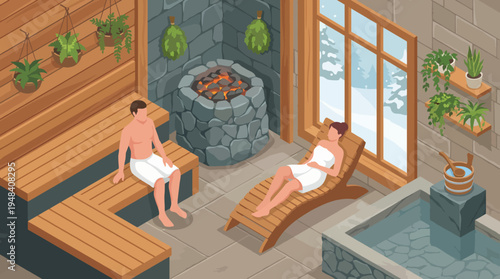 An inviting illustration of a serene sauna scene, showcasing two individuals relaxing, emphasizing wellness, tranquility, and the rejuvenating qualities of a spa-like environment.