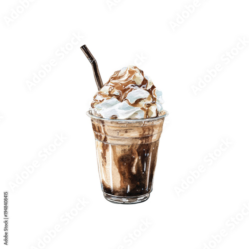 Watercolor vector illustration chocolate ice cream with lots of cream on top and a straw in the cup, white bakcground