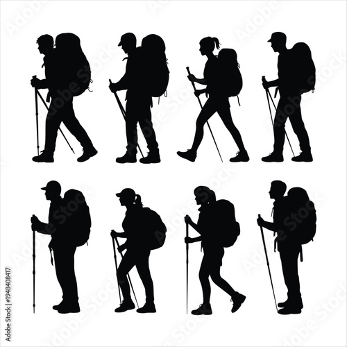 Silhouettes of eight hikers with backpacks and trekking poles