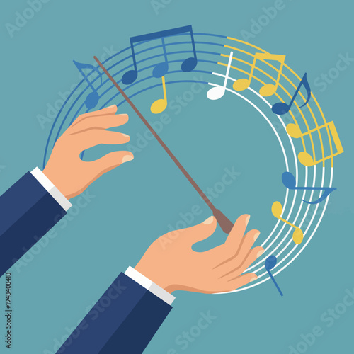 Konstfotografi Illustration of a conductor's hands leading the orchestra with musical notes flowing around, evoking creativity, harmony, and the joy of music through dynamic visuals