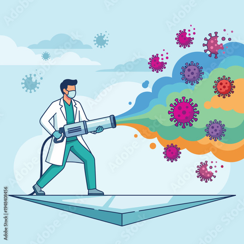 A health professional vigorously combats virus spread using modern methods, symbolizing the effort to eradicate illness and promote better public health practices.
