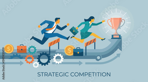 Two business professionals race toward a trophy, embodying the spirit of competition and determination in their pursuit of success within the corporate landscape.