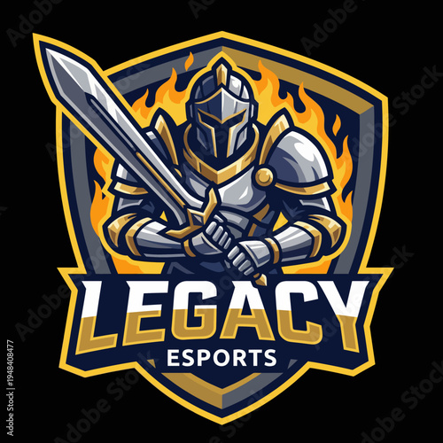 The image depicts a bold esports logo featuring a knight in armor holding a sword, representing competitive gaming, strategy, and a fierce gaming community spirit.