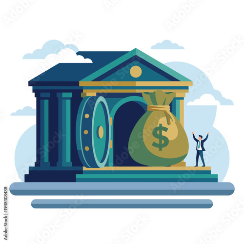 A stylized bank building opens its vault to reveal a large money bag, highlighting themes of finance, security, and wealth accessibility in a visually appealing way.