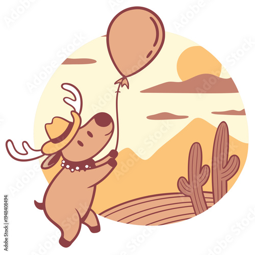 Whimsical Moose feeling Playful in a Desert sunset setting with with a balloon – colored in Sundown Glow