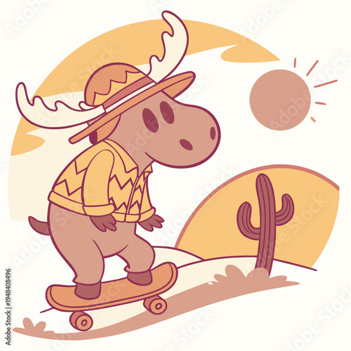 Vector illustration of a Shy Moose with riding a skateboard, styled in a Desert sunset theme using Sundown Glow colors