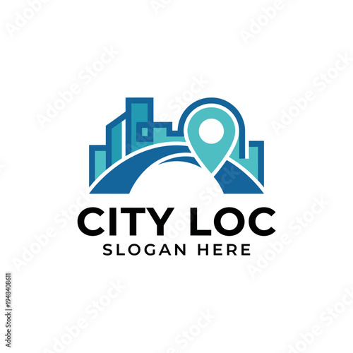 This logo features a stylized city skyline with a prominent location pin, symbolizing urban navigation and connectivity in a modern world, perfect for city-related branding.