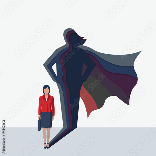This striking illustration portrays a professional woman beside her heroic silhouette, symbolizing empowerment, strength, and the potential that lies within every individual.