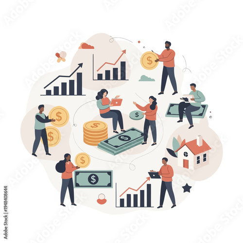 People working with money and charts.