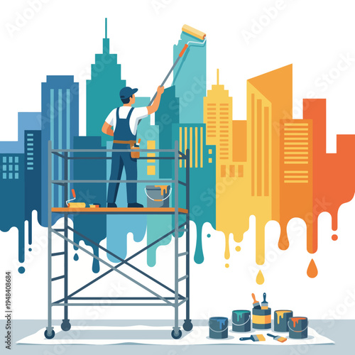 A painter on scaffolding adds vibrant color to a cityscape backdrop, showcasing creativity and urban renewal in a visually striking way that inspires.