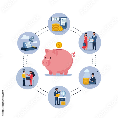 Pink Piggy Bank with Coins.