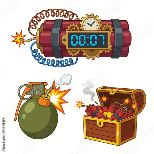 A whimsical and cartoon-style portrayal of explosive devices, including a bomb and dynamite, combining elements of danger with playful artistic expression and visual humor.