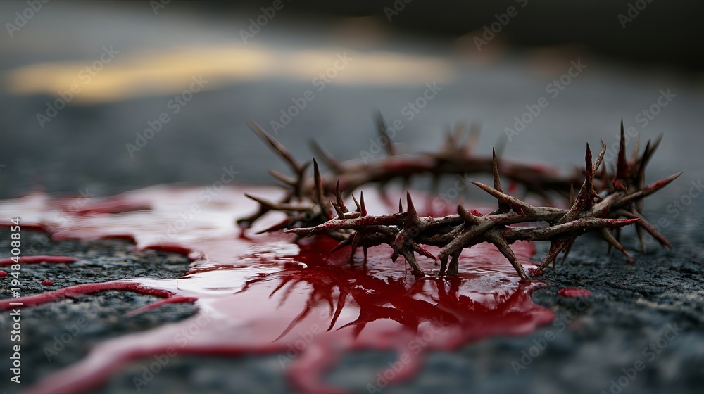Fototapeta premium A crown of thorns lies on the ground with blood spilled around it symbolizing the crucifixion of Jesus Christ