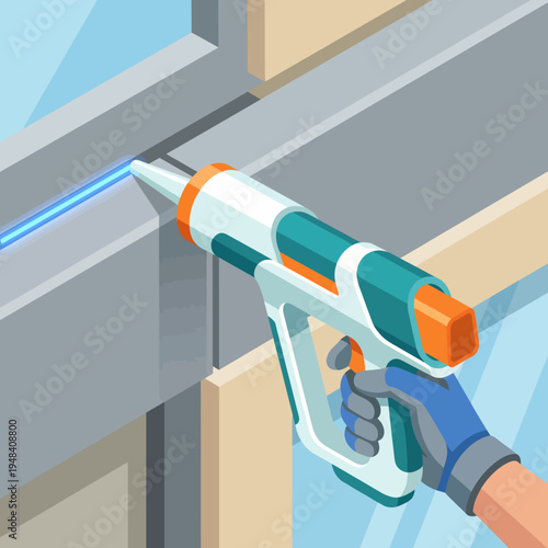A detailed illustration of a person using a construction adhesive gun to seal edges, emphasizing the precision and care necessary in construction and crafting projects.