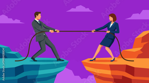 This image illustrates a metaphorical tug of war between two business professionals on opposite cliffs, representing competition, conflict, and the struggle for success in the workplace.