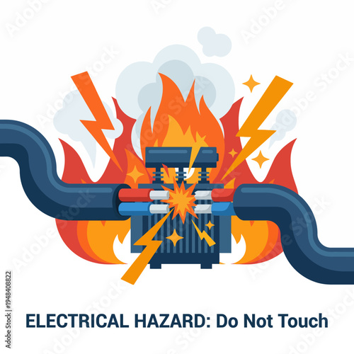 An informative illustration showing an electrical hazard with flames and warning symbols, emphasizing the importance of safety and caution in environments with electrical risks.