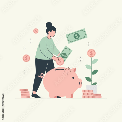 Woman putting money into piggy bank.