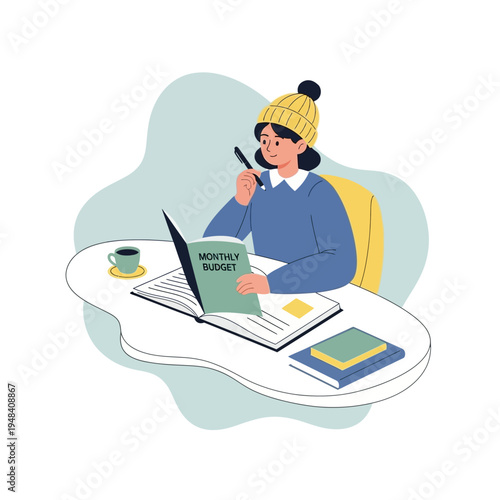 Woman studying with a notebook and laptop.