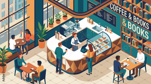 An inviting illustration of a coffee shop filled with books, encouraging relaxation and social interaction, epitomizing the blend of coffee culture and literary enjoyment.