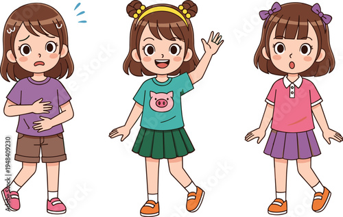 Cute little girl character set with different emotions, worried worried happy and surprised expressions, children feelings and facial reactions vector.
