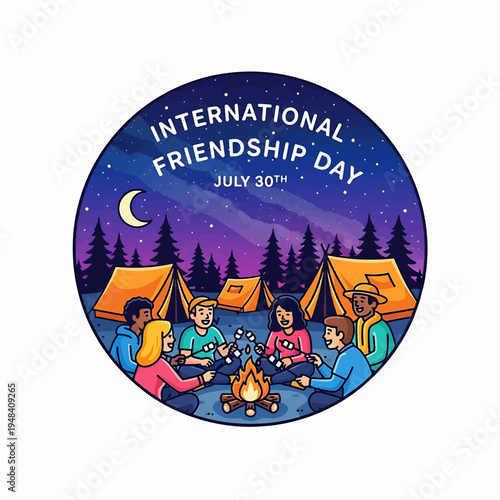 Group of friends camping around a campfire at night under stars