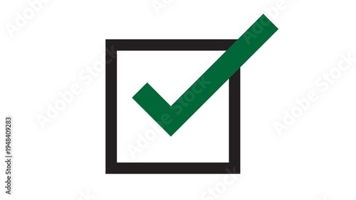 Green checkmark inside a black square border, simple icon for correct, approved, and completed tasks on a white background, check mark