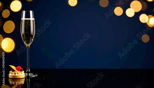 Champagne Flute and Gourmet Fruit Tart on Dark Blue Background - Festive Celebration Banner with Golden Bokeh and Copy Space