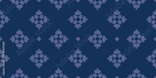 Ethnic geometric seamless pattern. Elegant floral diamond shapes on dark navy background, vector texture. Design for decor, print, textile, wallpaper, fabric, cover, package, packaging, cloth