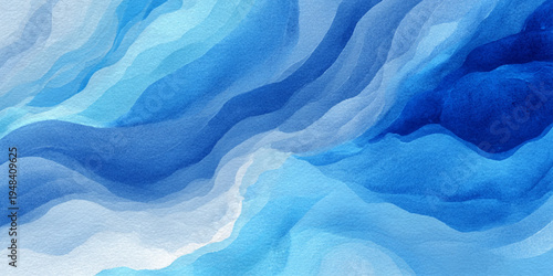 Blue ocean watercolor background with smooth flowing wave texture and artistic aqua paint illustration.