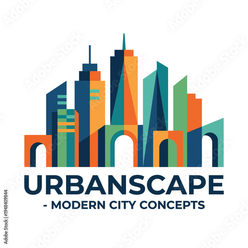 This vibrant cityscape features colorful geometric shapes representing a modern urban environment, showcasing harmony and creativity amidst architectural diversity.