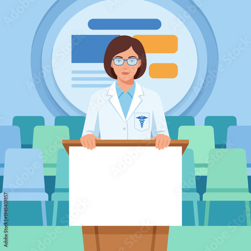A medical leader stands at the podium ready to present information to an audience, symbolizing authority, expertise, and the critical role of effective communication in healthcare.