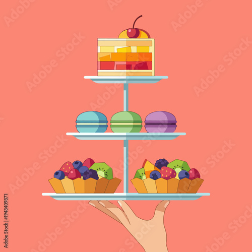 An enticing illustration of a three-tier dessert tower featuring colorful desserts and fresh fruits, perfect for celebrating culinary creativity and delight.