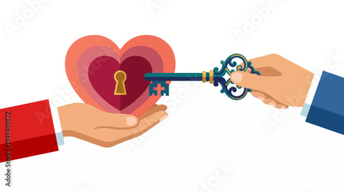 A hand offers a key to a heart symbol, representing love and connection, ideal for romantic, relationship, or engagement-themed projects in wedding and gift industries.