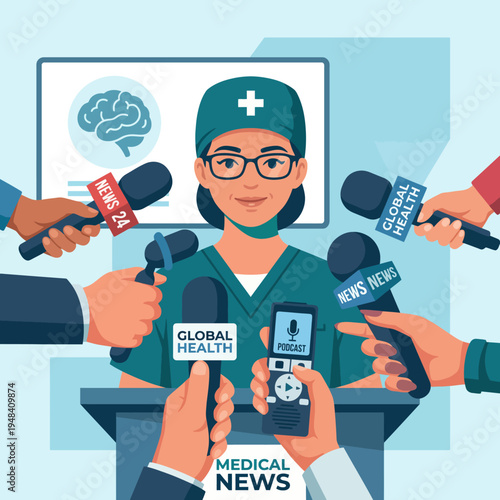 This image illustrates a medical professional addressing media representatives, emphasizing the intersection of health, communication, and public awareness in modern healthcare.