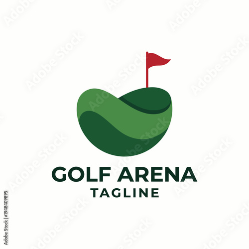 This logo for Golf Arena features stylized golf elements with a flag on a green background, representing sports, leisure, and community engagement in golfing.