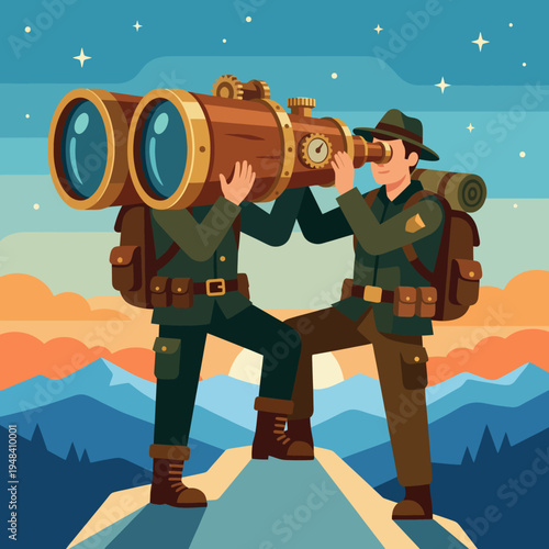 This illustration shows two explorers sharing a large telescope against a scenic landscape backdrop, merging adventure, exploration, and human connections in nature.