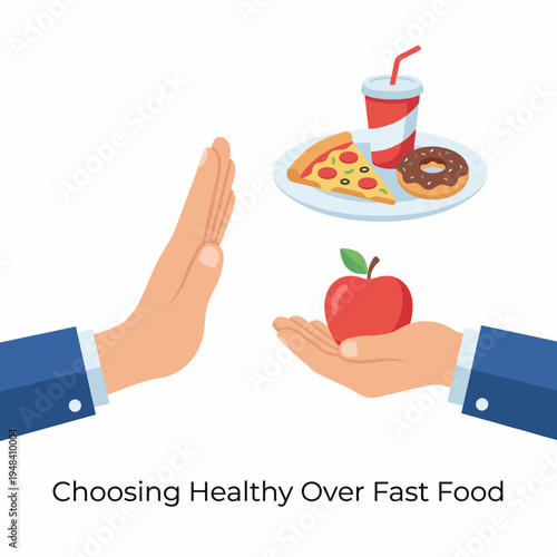 The image contrasts the choice between an apple and a plate of fast food, highlighting the importance of making healthier lifestyle decisions for better well-being.