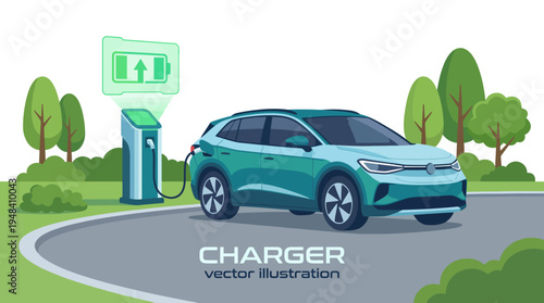 An illustration of a modern electric vehicle charging at a sleek station surrounded by trees, highlighting the shift towards sustainable energy and eco-friendly transportation.