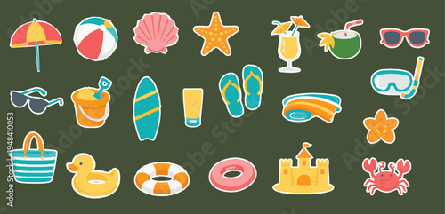 Retro vintage pop art style collage of Summer beach accessories sticker collection with items for ocean vacation like ball umbrella surfboard flip flops sunscreen and toys for seasonal holiday art