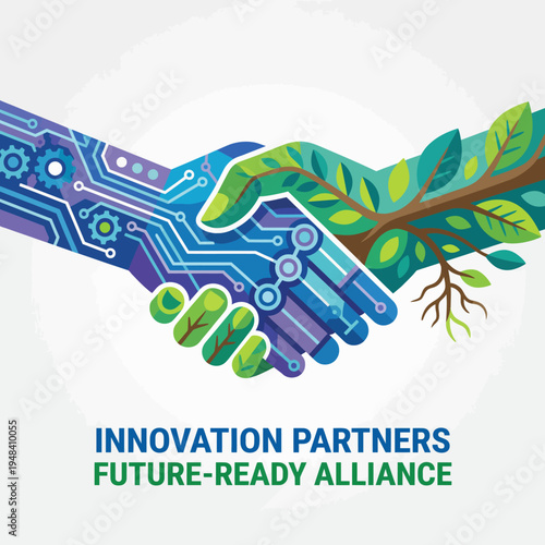 An artistic depiction of a handshake representing the alliance between technology and nature, highlighting collaboration and innovation for a sustainable future.