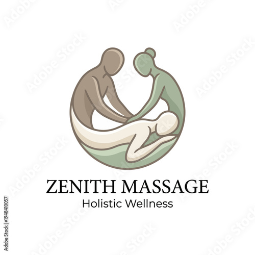 An elegant logo showcasing a massage service with a soothing design featuring three figures involved in holistic wellness, promoting relaxation, health, and tranquility.