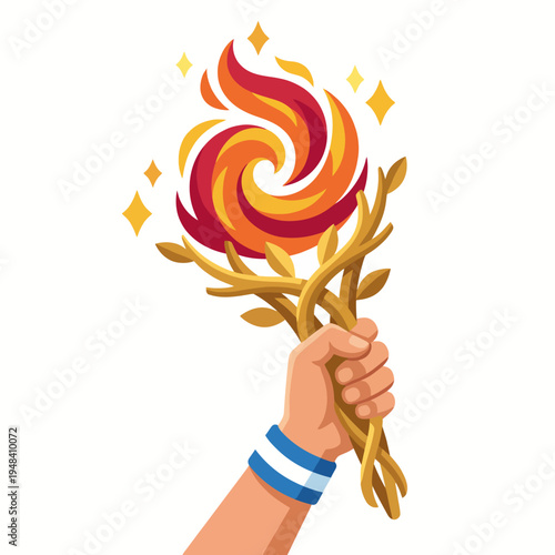 An animated illustration of a hand holding a torch with flames, symbolizing passion, inspiration, and the drive for change, surrounded by stylized leaves for a vibrant effect.