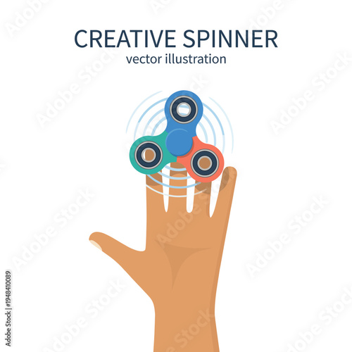 A vibrant fidget spinner spinning on a hand, symbolizing creativity and stress relief, showcasing its colorful design and engaging motion in a minimalist style.