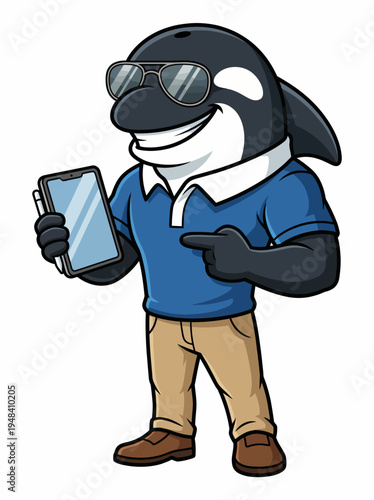 A playful orca mascot wearing sunglasses and holding a smartphone embodies modernity and fun, offering an engaging representation of leisure and digital lifestyle.