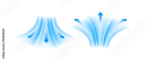 Air flow set of vector elements. Abstract light effect blowing from an air conditioner, purifier or humidifier. Dynamic blurred flow motion