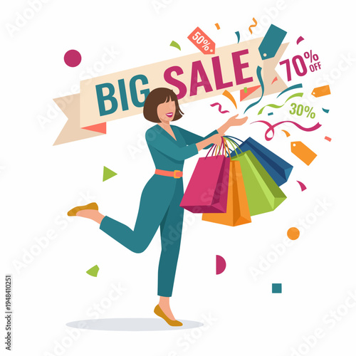 This vibrant image showcases a cheerful woman celebrating a big sale, holding shopping bags with various discount percentages, symbolizing excitement in shopping.