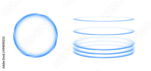 Air flow in a circle. Ring with motion effect. Abstract blue element as a symbol of a portal. Concept of air vortex, vortex of motion of lines, vibration or energy waves.