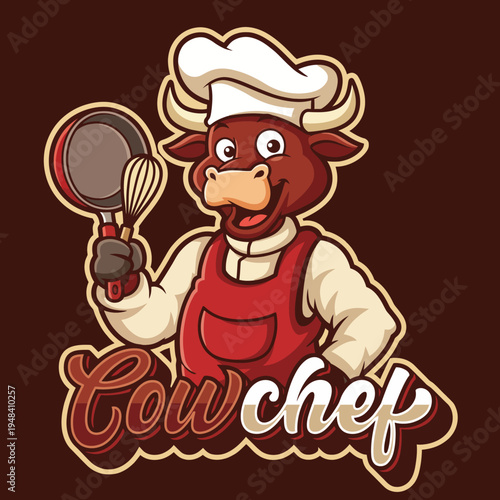 The cheerful cow chef character with a whisk and strainer embodies a whimsical culinary theme, perfect for restaurant branding, food markets, or children's cooking classes.