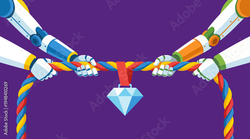 This futuristic illustration features robotic hands pulling a rope with a diamond, symbolizing teamwork, innovation, and competition in a new world of technology and cooperation.